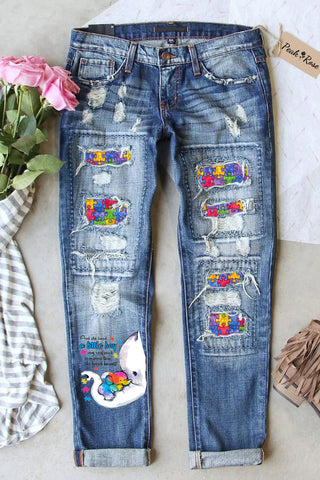 Autism Awareness Acceptance Love MAMA Elephant Printed Ripped Denim Jeans