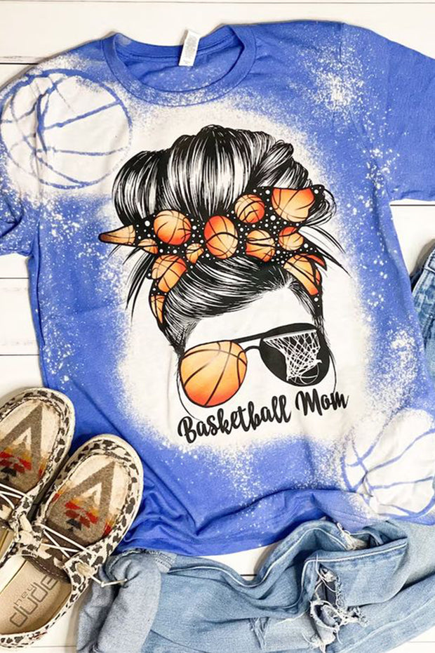 Basketball Mom Messy Bun Print Bleached Round Neck Short Sleeve T-shirt