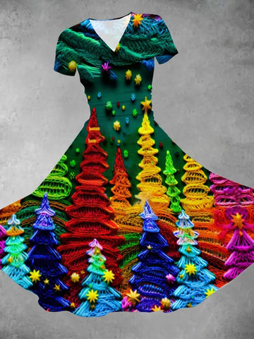 Women's Christmas Colorful Christmas Tree V-Neck Swing Dress