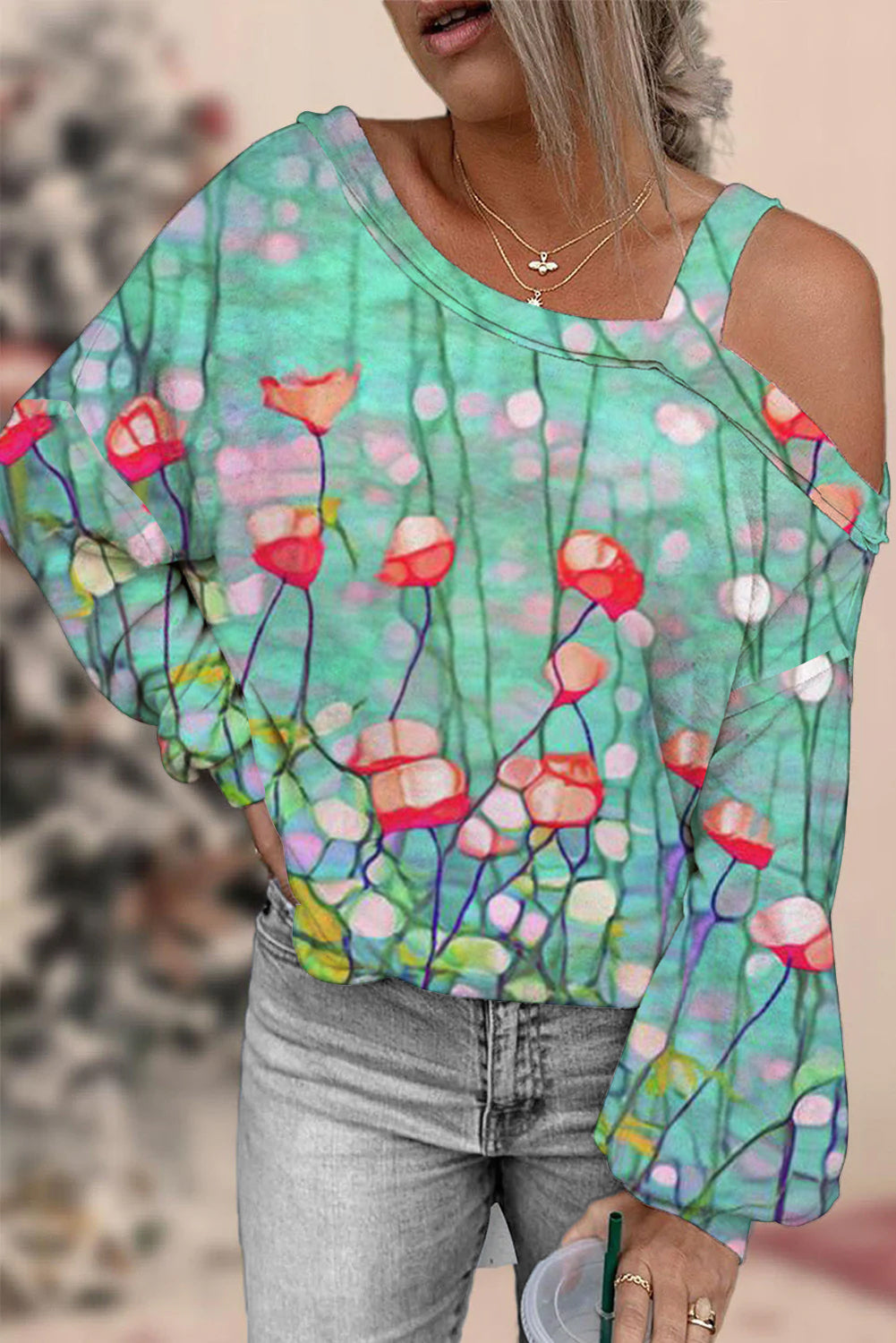 Casual Beautiful Floral Abstract Paintings Off Shoulder Blouse