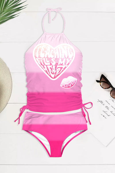 Pink Gradient Layer Love Print Halter Swimsuit
