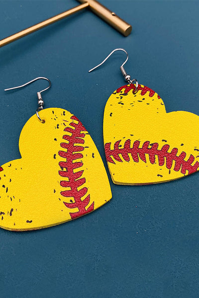 Softball Style Wooden Heart-Shaped Earrings