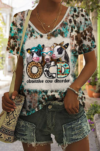 OCD Obsessive Cow Disorder Western Leopard Print V Neck T-shirt