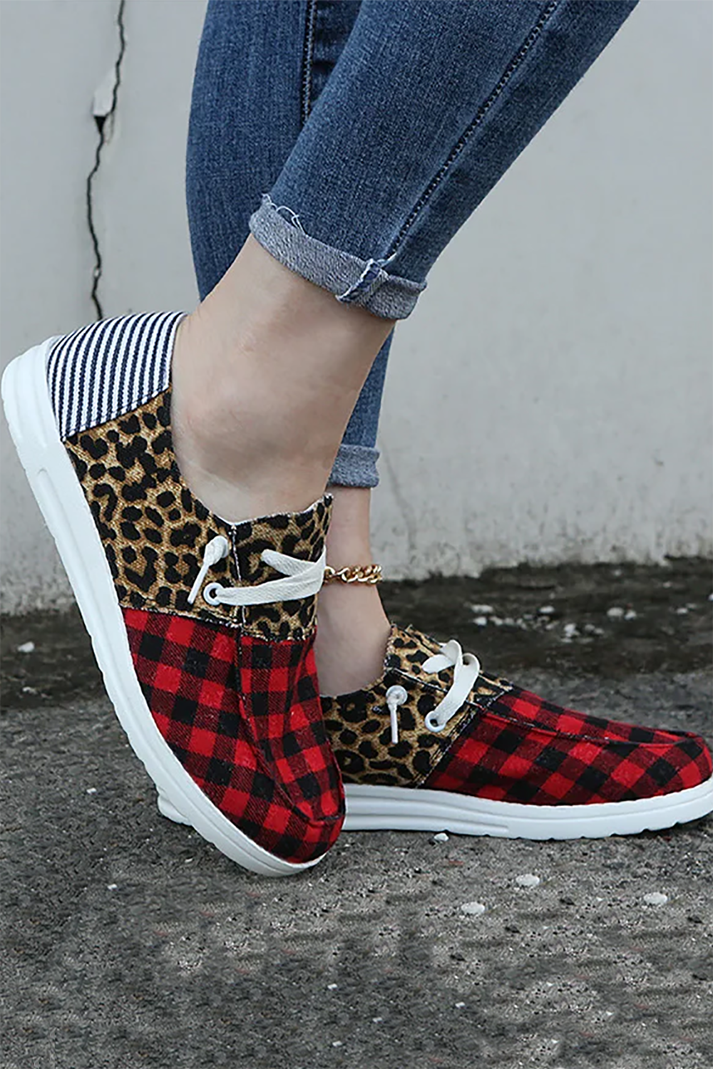 Red Plaid Leopard And Stripe Canvas Shoes