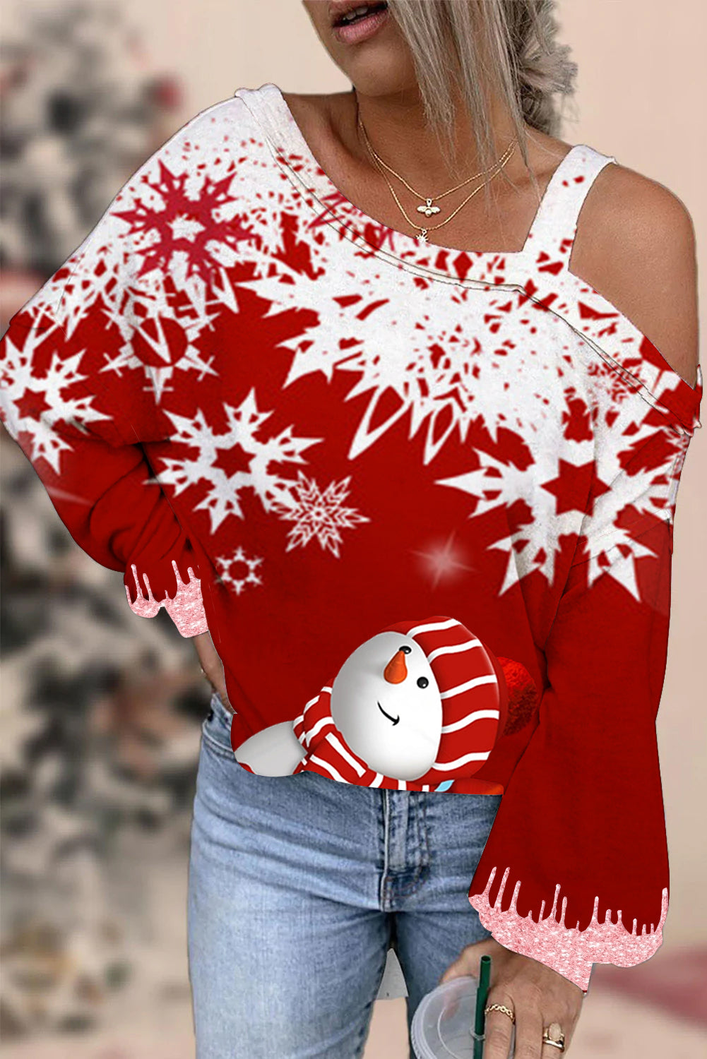 Schneeflocke und Schneemann Rote Off-Shoulder-Bluse