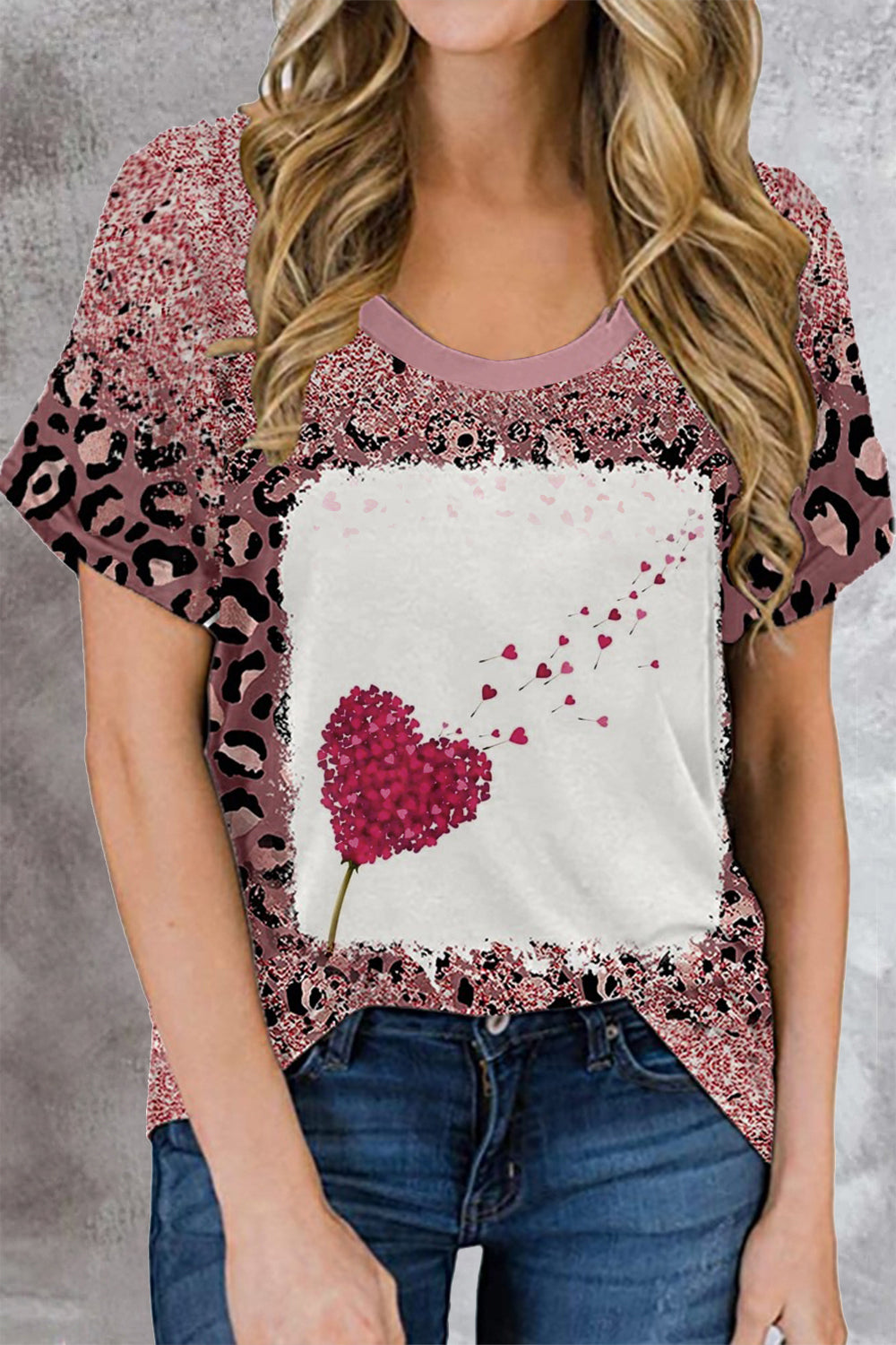 Love Heart Dandelion Print Leopard T-shirt