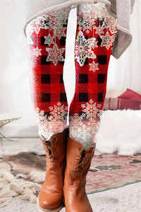 Black And Red Plaid With Snowflake Leggings