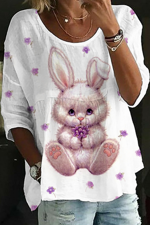 Lovely Easter Bunny and Pink Purple Flowers Half Sleeves Tee