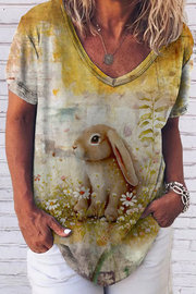 Retro Chronology Easter Bunny Warm Color Painting Fold V-neck Loose T-Shirt