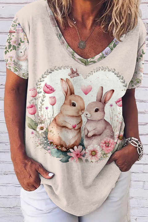 Vintage Painting Easter Bunny In The Pink Spring Garden Painting Fold V-neck Loose T-Shirt