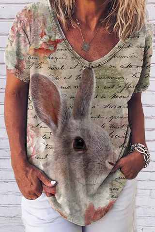 Vintage Poster & Easter Bunny Painting Fold V-neck Loose T-Shirt