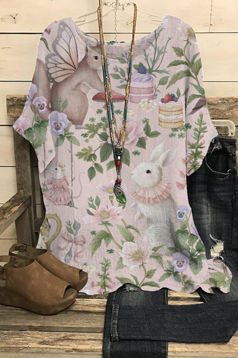 Vintage Painting Easter Bunny In The Pink Spring Garden Painting Dolman Sleeves Tee