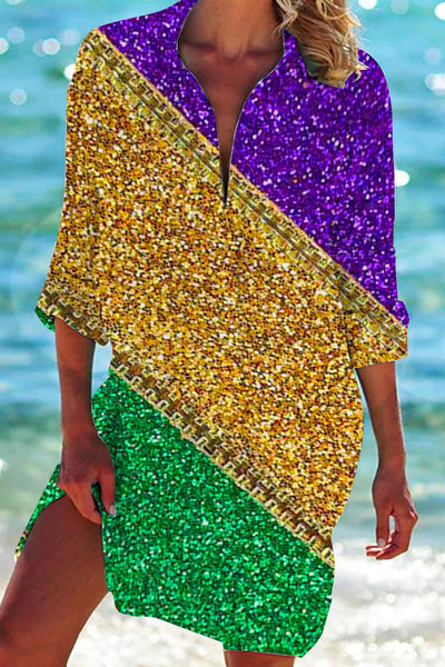 Retro Mardi Gras Carnival Purple Green And Gold Color Block Glitz Print Patch Front Pockets Shirt