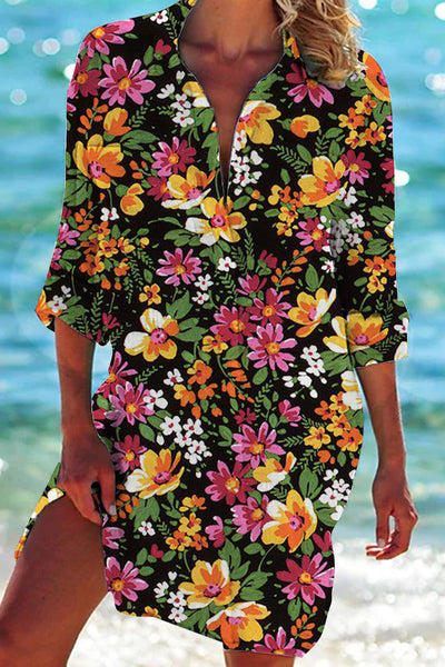 Beach Vacation Romantic Small Cluster Flower Loop Patch Front Pockets Shirt