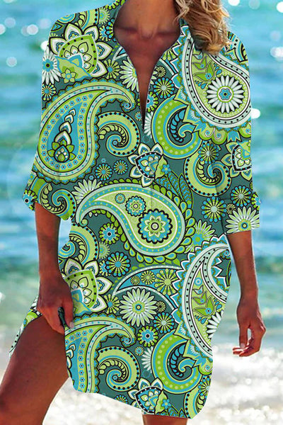Beach Vacation Vintage Green Mandala Patch Front Pockets Shirt