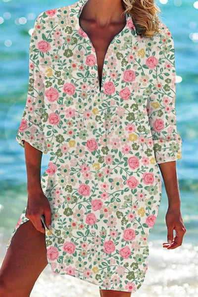 Beach Vacation Retro Idyllic Country Style Nostalgic Cute Small Cluster Of Flowers Printed Patch Front Pockets Shirt
