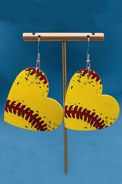 Softball Style Wooden Heart-Shaped Earrings