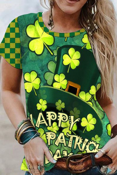 Green Plaid Happy St.Patrick's Day Hat With Shamrocked Print T-Shirt