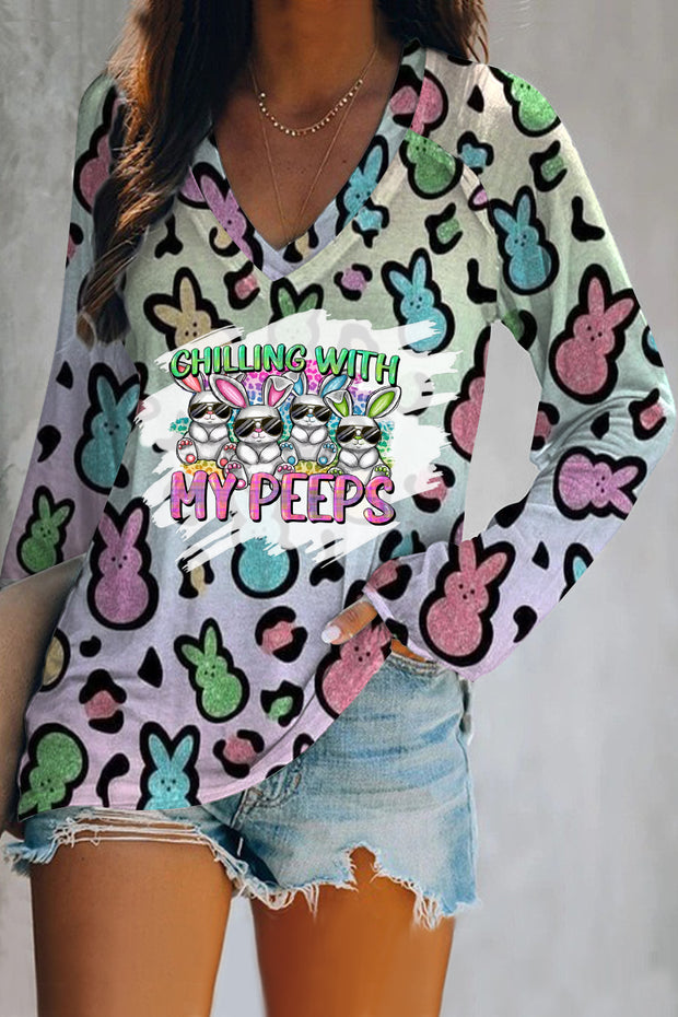 Chilling With My Peeps Easter Bunnies  Printed V-neck Long Sleeve Tee