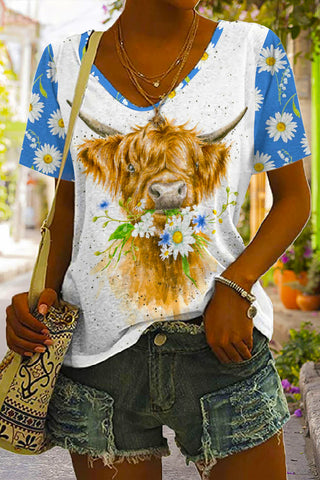 Daisy Floral Highland Cow Spring Print V Neck T-shirt