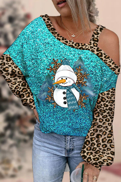 Off-Shoulder-Bluse mit Glitter-Leopard-Showman-Winterdruck