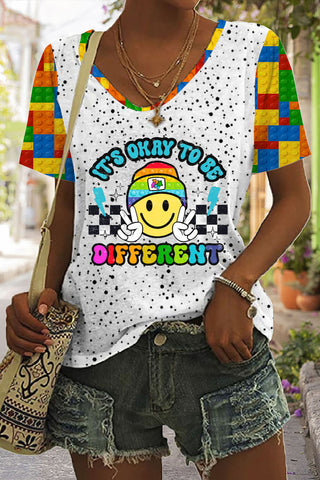 It's Okay To Be Different Autism Print V Neck T-shirt