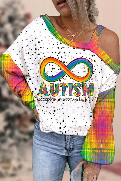 Autism Accept Understand Love Rainbow Infinity Symbol Puzzle Print Off-Shoulder Blouse