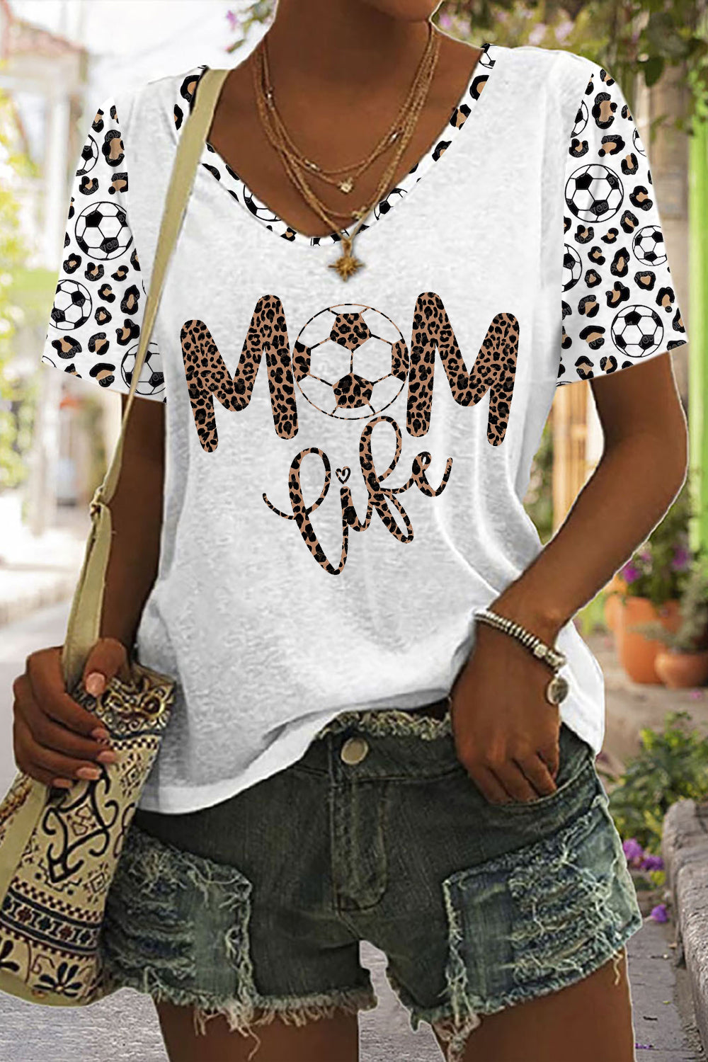 Mom Life Soccer Ball Leopard Print V-Neck T-Shirt