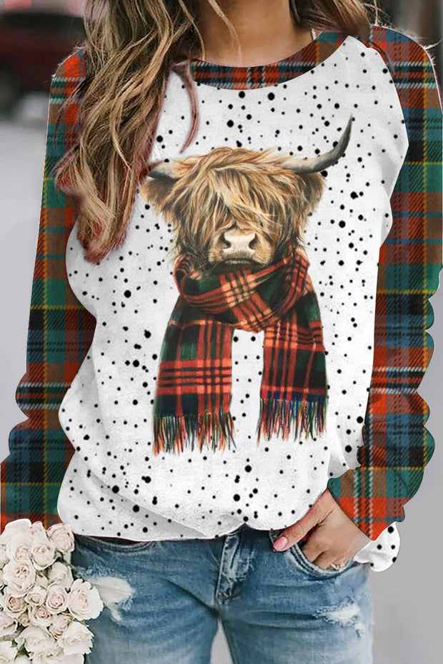 Plaid Highland Cow Print Sweatshirt