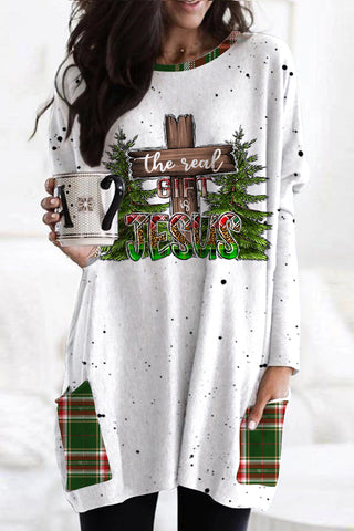 The Real Gift is Jesus Leopard Plaid Print Loose Tunic With Pockets