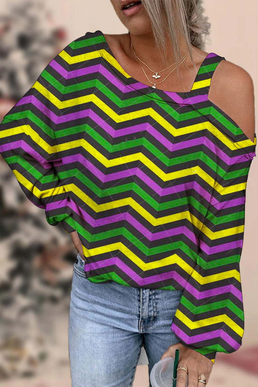 Mardi Gras Geometric Pattern With Zigzag Stripes Print Off-Shoulder Blouse