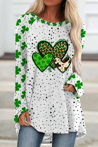 St. Patrick's Four Leaf Shamrock Leopard Cowhide Hearts Print Tunic