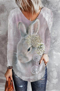 3D Vintage Pink Easter Bunny With Wreath Earring Printed Long Sleeve T-Shirt