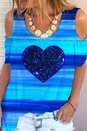 Glitter Heart Sparkles Blue Striped Print Cold Shoulder T-Shirt