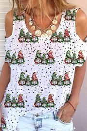 Christmas Gnomes Print Polka Dots Cold Shoulder T-Shirt