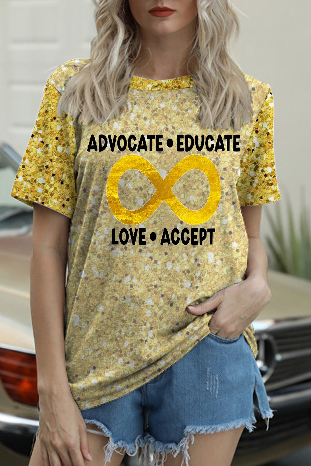 Advocate Educate Love Accept Gold Infinity Symbol Print Round Neck T-shirt