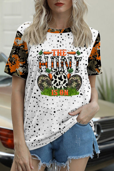 Casual The Hunt Is On Happy Easter ArmyGreen Carrot Eggs Printed O-neck Short Sleeve T-shirt