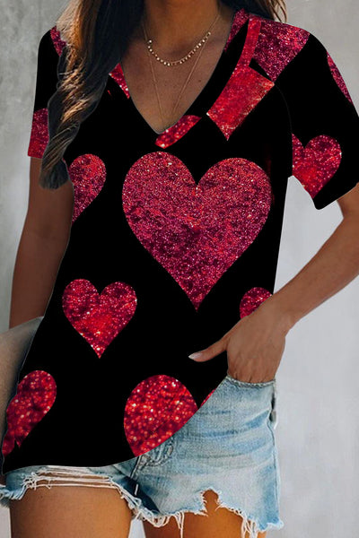 Glitter Red Heart Sparkles Print V-Neck T-shirt