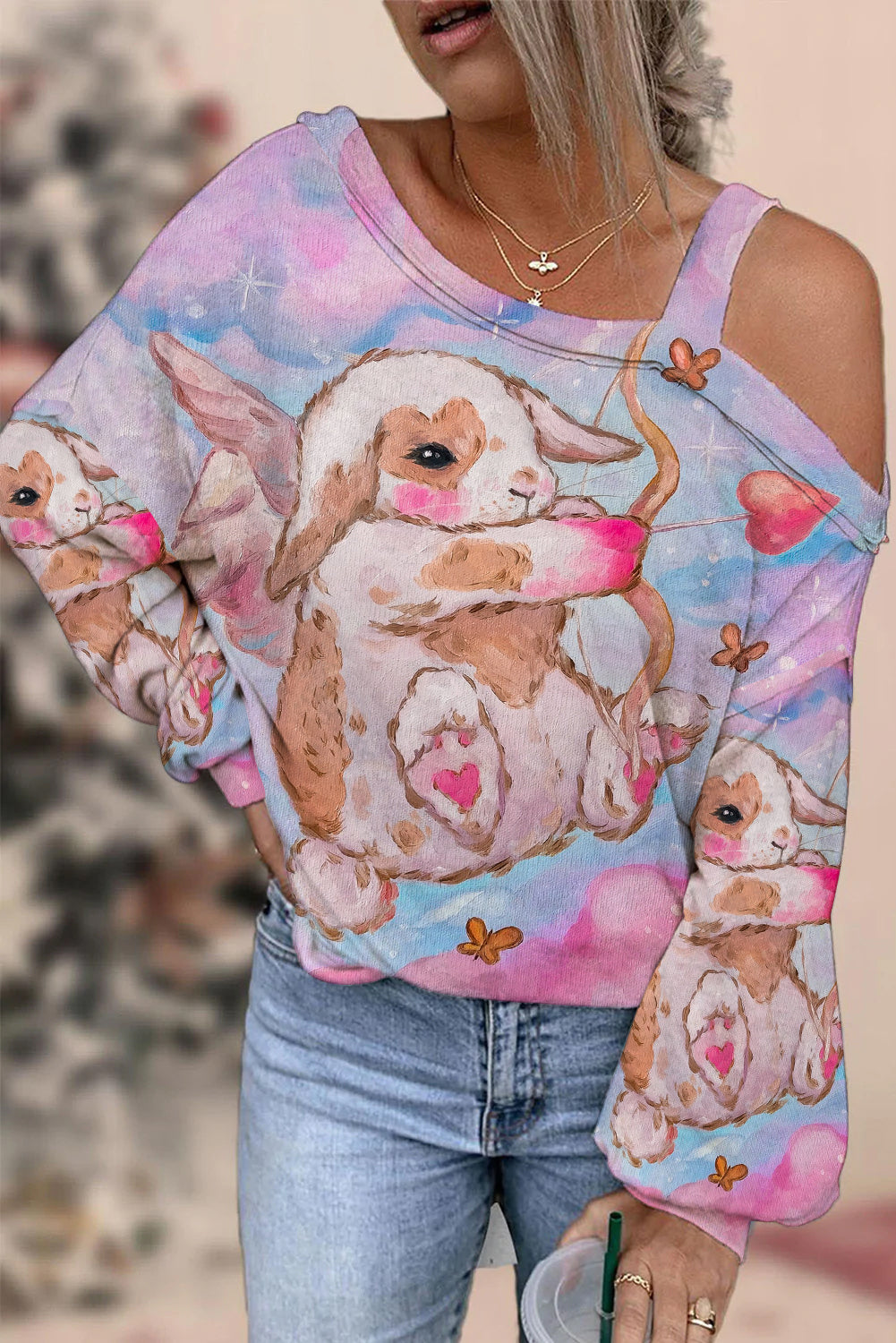Cute Cupid Bunny Shoots Heart Arrow Tie Dye Printed Off Shoulder Blouse