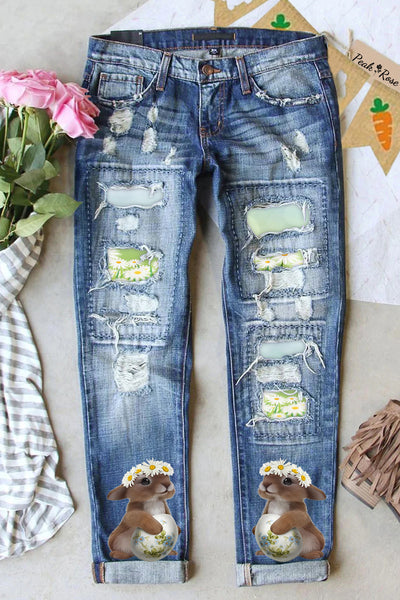 3D Cute Bunny Wearing A Daisy Wreath Spring Flowers Printed Ripped Denim Jeans