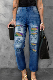 Retro Mardi Gras Carnival Purple Green And Gold Color Block Glitz Print Ripped Denim Jeans