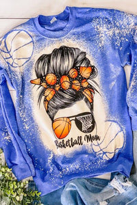 Basketball Mom Messy Bun Print Bleached Round Neck Sweatshirt