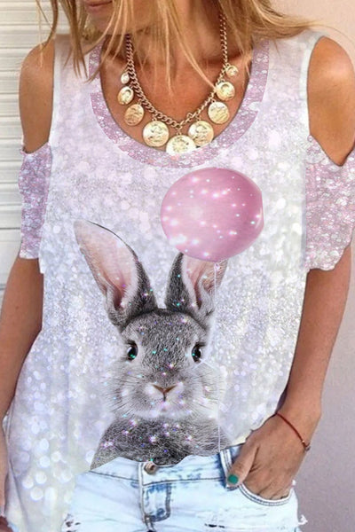 Glitter Cute Easter Bunny Holding A Pink Balloon Printed Cold Shoulder T-Shirt