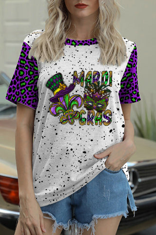 Mardi Gras Mask Hat Fleur De Lis Polka Dots Print Round Neck Short Sleeve T-shirt