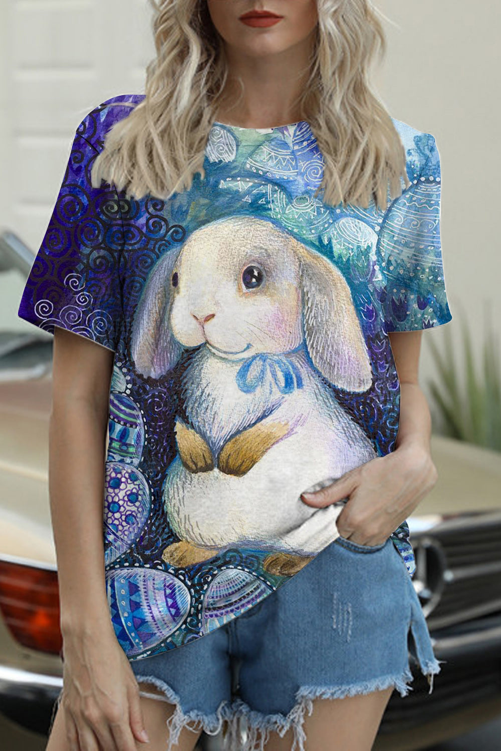 Vintage Fantasy Fairy Tale Cute Easter Bunny And Eggs Printed Round Neck Short Sleeve T-shirt