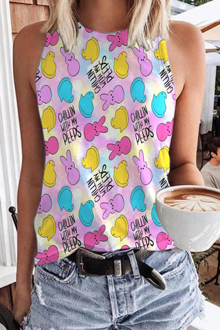 Chilling With My Peeps Easter Bunnies Marshmallows Printed Tank Top