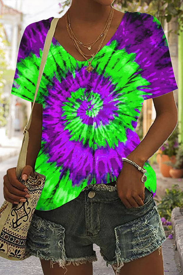 Vintage Mardi Gras Purple And Green Tie Dye Print V Neck T-Shirt