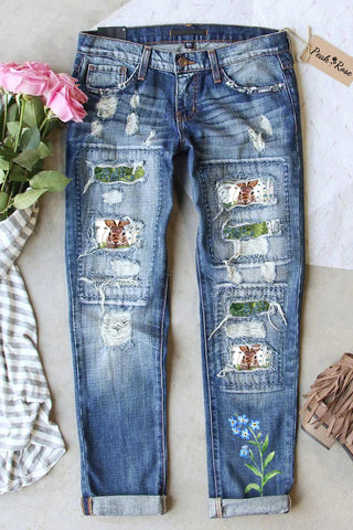 Cute Easter Bunny In The Green Plants Printed Ripped Denim Jeans