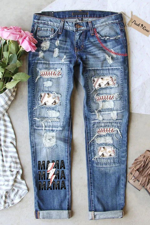 Casual Baseball T-Ball Mama Lightning Bolt Printed Ripped Denim Jeans