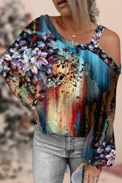 Casual Vintage Flower Bouquet Printed Off Shoulder Blouse